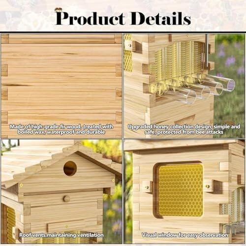 Beehive Starter Kit, Self-Flowing Honey Beehive with Observation Window and Honey Spout, Includes Carpenter Bee House, for Garden Pollinators