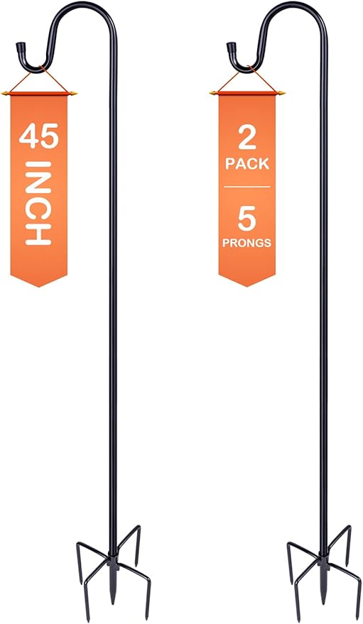 Ottsuls Bird Feeder Pole, 45 INCH Heavy Duty Shepherds Hooks for Outdoor with 5 Prong Base, Adjustable Stand Hanger for Garden Plant, Hummingbird Feeder, Lantern, Hanging Wedding Decor (2 Pack)