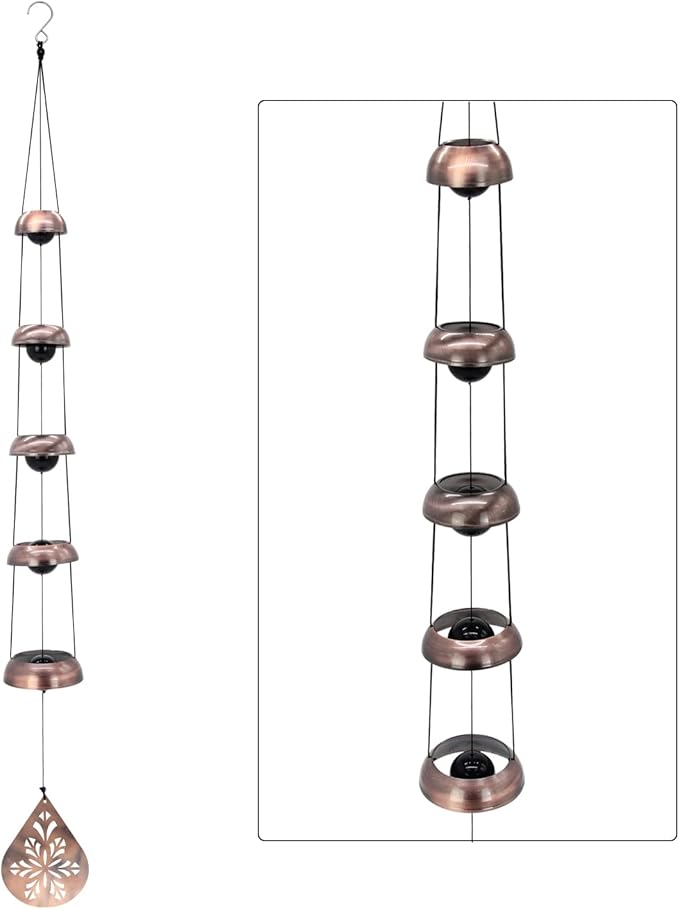 36" Copper Temple Wind Chimes with 5 Bells, Melodious Zen Feng Shui Wind Bells for Outside, Memorial Wind Chime Sympathy Gift with Unique Teardrop Floral Sail, Decorative Garden Decor for Yard Patio