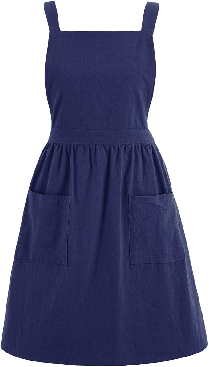 Cotton Linen Pinafore Apron Dress for Women with Pockets Cute Art Chef Aprons for Kitchen Baking Gardening Painting