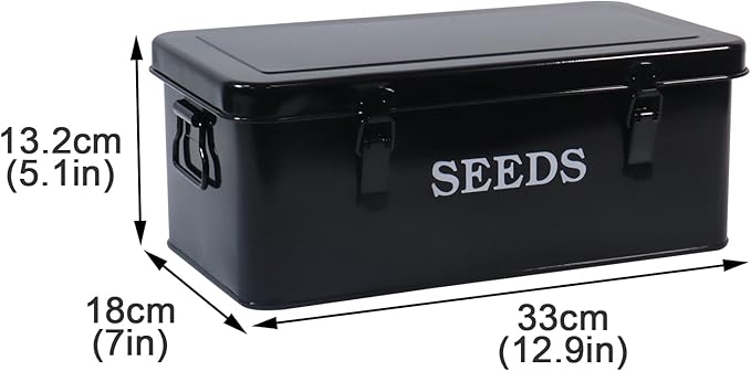 Seed Saving Box, Metal Seed Bin, Seed Storage Organizer, Seed Packet Container with Lid, Seed Envelope Storage Box, 4 Compartments Garden Seed Bin with Safety Locks-Black