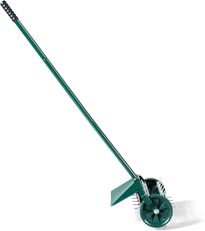 Goplus Rolling Lawn Aerator, 18-Inch Garden Yard Rotary Push Tine Heavy Duty Spike Soil Aeration, Manual Lawn Aeration Tool w/ 41-Inch Handle (Green w/Fender)