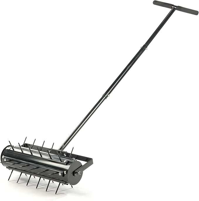 VINGLI Rolling Lawn Aerator with T-Shaped Handle, 17 inch Manual Aerator Tool, Lawn Aerator Spike Tool with 36 Spikes for Garden Yard Soil Health Maintaining, Black