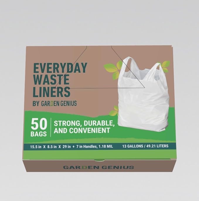 Biodegradable 13 Gallon White Kitchen Trash Bags with Ergonomic Handles (50 Pack) - Extra Strong, Leak-Proof & Thick 1.18 Mil - 15% Thicker Than Most - Fits Standard 13 Gal Cans - Eco-Friendly D2W