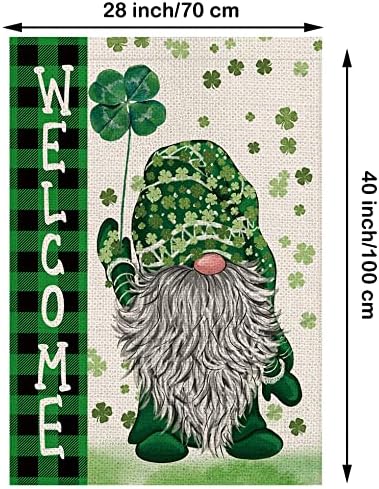 St Patricks Day House Flag Green Gnome Shamrocks Vertical Double Sided Burlap Flag Welcome St.Patrick's Day Holiday Yard Outdoor Decor 28 x 40 Inch