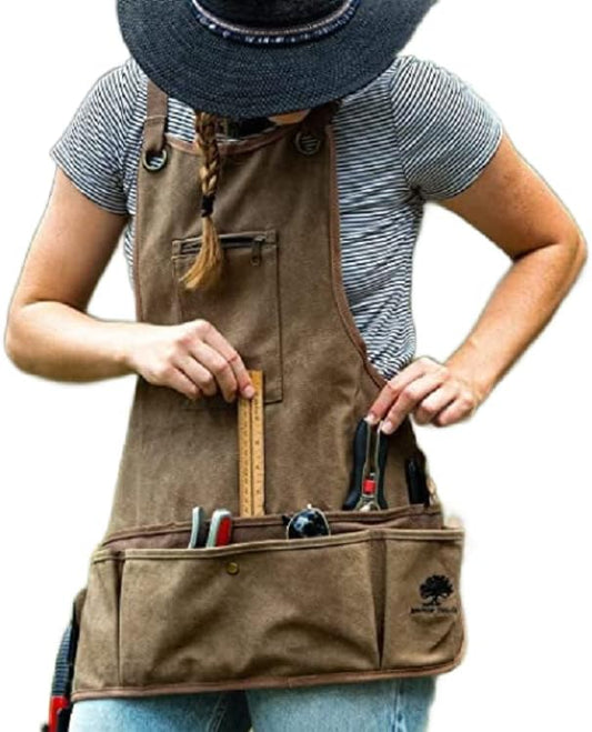 Ironwood Tool Co. 16oz Waxed Canvas Garden Tool Apron with shoulder pads, double stitched pocket, metal grommets for strap