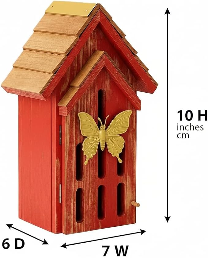 Shingle Roof Butterfly House for Outdoor, Insect House, Vintage Style Cedar Wood Bee House for Garden Outside, Open Door for Easy Cleaning Conservation.Shelter Hotel with Hooks for Hanging (Red)