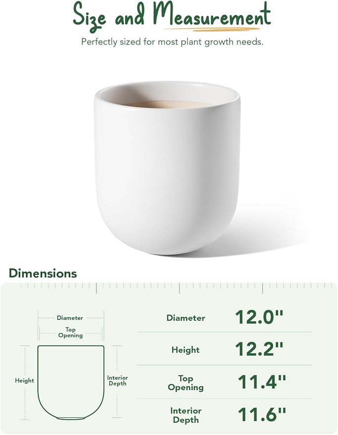 LE TAUCI 12 Inch Pots for Plants, Ceramic Large Planters for Indoor Plants, Indoor Plant Pots for Home Garden Patio Office, Planter Pots with Drainage Hole and Rubber Plug, White