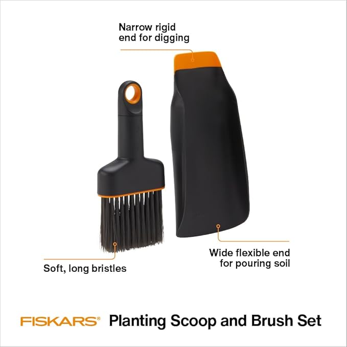 Fiskars Planting Soil Scoop & Brush Set, Dual-Sided Tool for Indoor Digging & Cleanup, Narrow Rigid End & Flexible Dustpan for Potting, Soft Bristles Sweep Debris, Recycled Plastic