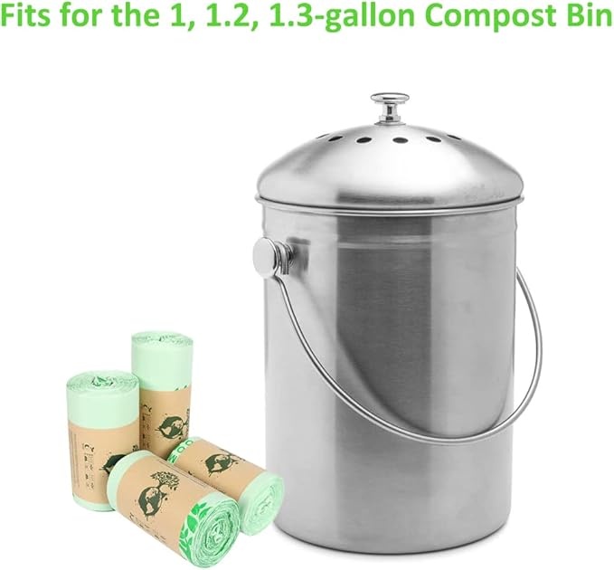 100% Compost Bags for Kitchen Countertop Compost Bin - 1, 1.2, 1.3, 1.5 Gallon, Kitchen Food Scrap Waste Compostable Small Trash Bags, ASTM D6400, US BPI and Europe OK Compost Home Certified, 100ct