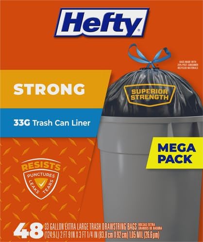 Hefty Strong Extra Large Trash Bags,Black,33 Gallon,48 Count (Pack of 3)