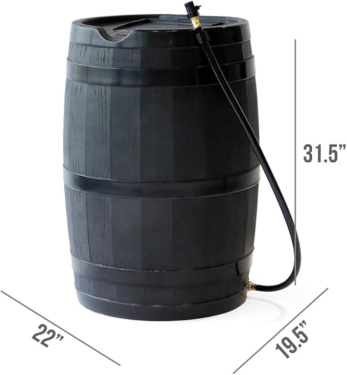 FCMP Outdoor 45 Gallon Heavy Duty Rain Water Catcher Barrel Container with Hose and Debris Screen for Outdoor Plants, Garden, and Landscapes (RC45-BLK) Black