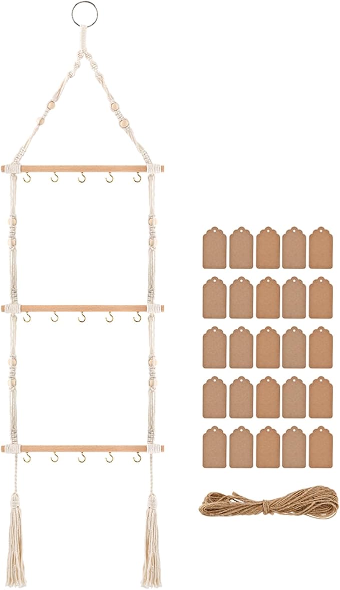 3-Tier Hanging Herb Drying Rack, Includes 25 Gift Tags & 32ft Natural Jute Twine, Handwoven Hanging Herb Dryer Rack Plant Hanger for Drying Herbs, Flowers, Sage(COLOR:Beige)