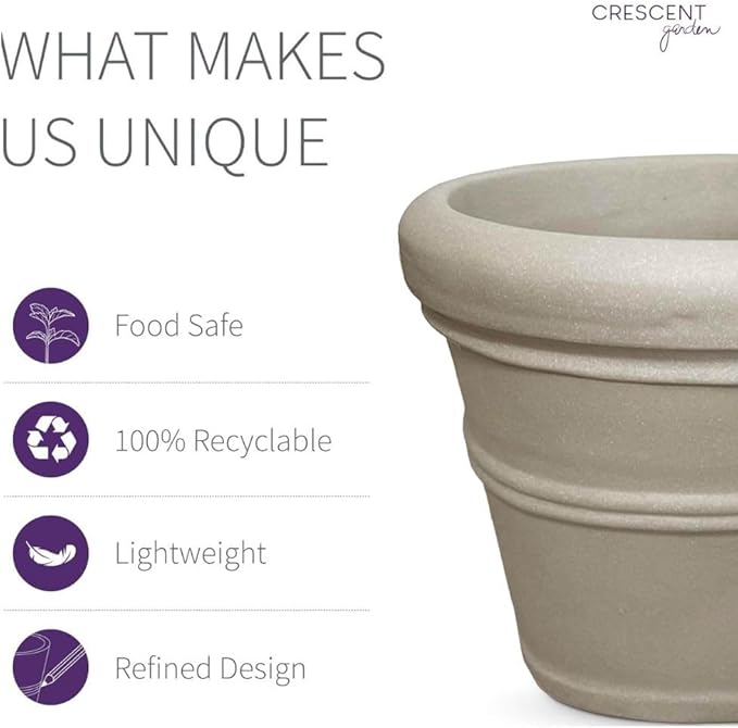 Crescent Garden Brunello Classic Rolled Rim Planter Pot, Indoor/Outdoor Weather-Safe Round Plant Pot, Premium Plastic Flowerpot for Houseplants, Herbs - 16''W (Parchment)