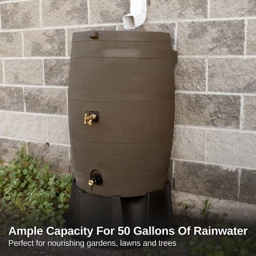RTS Home Accents 50-Gallon Dual Spigot Rain Barrel, Flat Back Rain Water Collection Barrel, Stand Included, Walnut Color