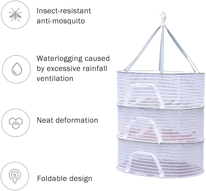 Herb Drying Rack, 3 Layer Foldable Hanging Mesh Net with Zipper, Collapsible Food Drying Fish Hanging Basket Dryer Net for Buds, Fruits, Vegetables, Herbs, Fish, Clothes, Doll(Size:M)
