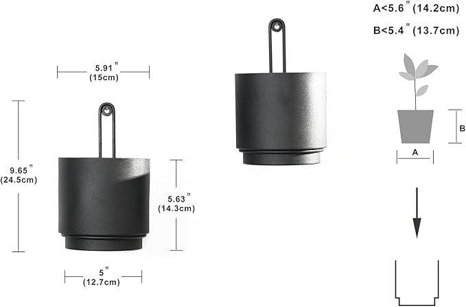 2 Pcs Wall Mounted Hanging Planter Vase for Indoor and Outdoor Plants Modern Metal Wall and Ceiling Planter Minimalist Flower Pot (Black, 5.91 inch)