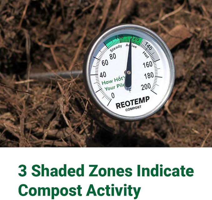 Reotemp 20 Inch Fahrenheit Backyard Compost Thermometer with Digital Composting Guide