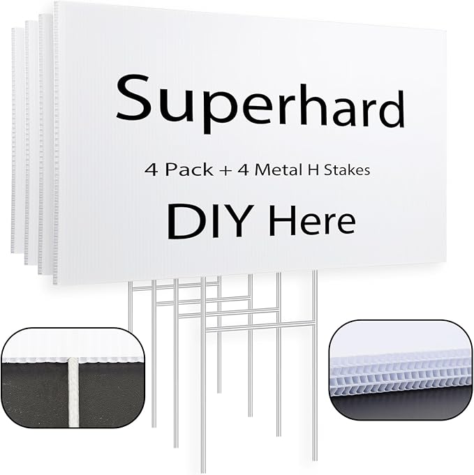 4 Pack Blank Yard Signs 17 x 12 in with Metal Stakes, White Plastic Yard Lawn Sign for Birthday Decoration,Garage Sale,Guidepost, Open House, Rent