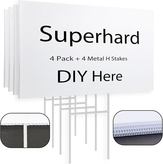 4 Pack Blank Yard Signs 17 x 12 in with Metal Stakes, White Plastic Yard Lawn Sign for Birthday Decoration,Garage Sale,Guidepost, Open House, Rent