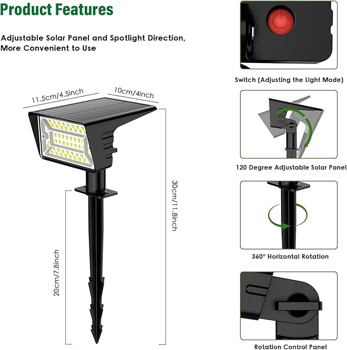 Solar Spot Lights Outdoor with 60 LED & Auto On/Off, 4 Pack Solar Lights Outdoor Waterproof IP68 with 3 Lighting Modes, 2-in-1 Solars Landscape Light for Outside, Garden, Yard(Warm White)