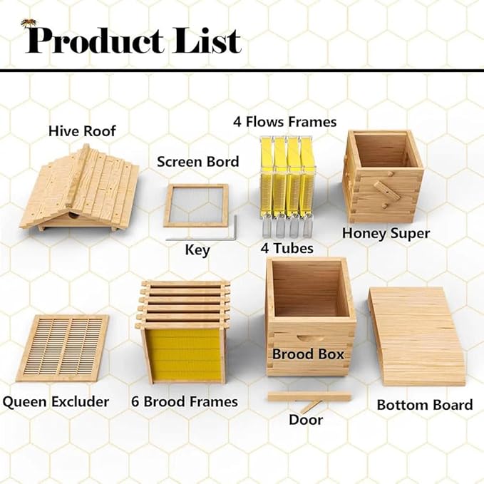 Self-Flowing Beehive Starter Kit Complete: Wooden Bee Box with Observation Window, Honey Spout, 4 Frames, 6 Honeycomb Trays, and Carpenter Bee House for Garden Pollinators, Easy Assembly