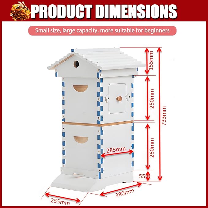 Bee Hive Box Starter Kit, Self-Flow Hive with 4 Beehive Frames & 6 Brood Frames, Complete Beekeeping Kit with Observation Window for Backyard & Garden Pollinators