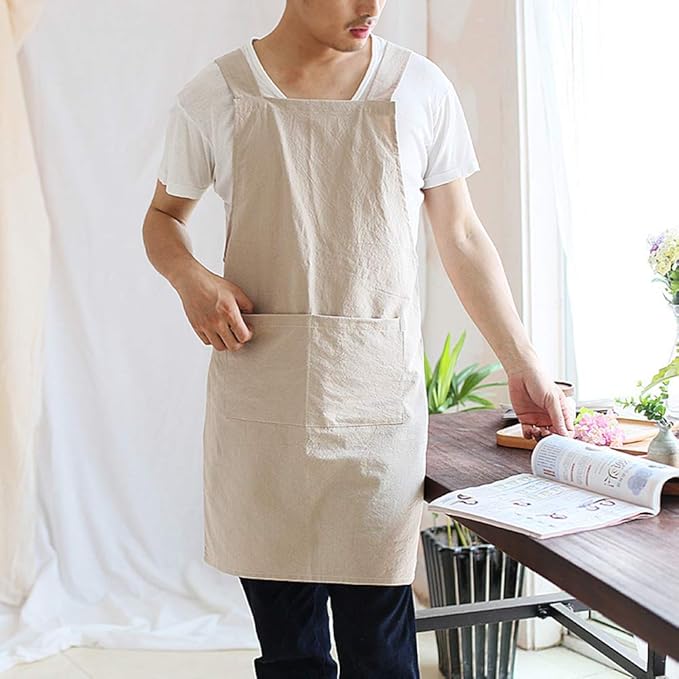 NEWGEM Japanese Cotton Linen Cross Back Cooking Apron for Women Men with Pockets Cute for Baking Kitchen