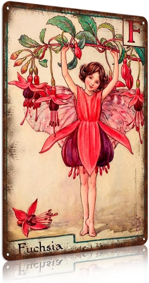 Flower Fairy Wall Decor Vintage Metal Tin Signs Fairy Garden Accessories - Fuchsia