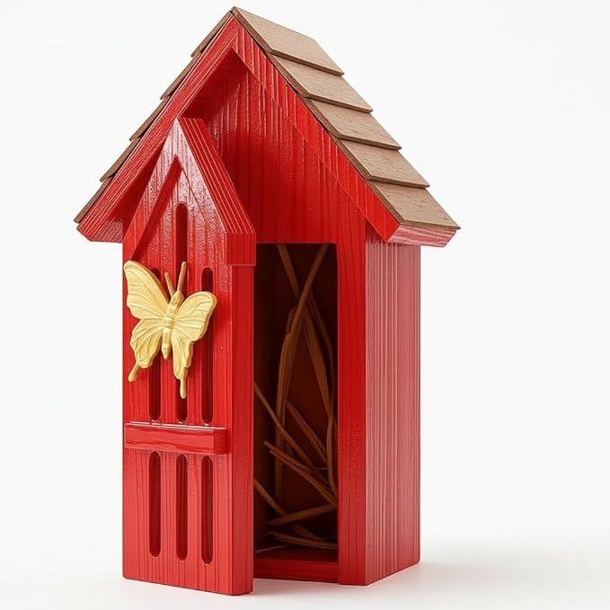 Shingle Roof Butterfly House for Outdoor, Insect House, Vintage Style Cedar Wood Bee House for Garden Outside, Open Door for Easy Cleaning Conservation.Shelter Hotel with Hooks for Hanging (Red)