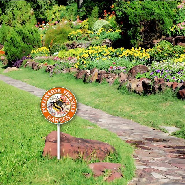 Kurmntregon Pollinators Friendly Yard Sign Bees Pollinator Welcome Garden Sign With Stake Round 9.2inch Lawn Signs,Rustproof Farm Party Porch Outdoor Aluminium Decorations