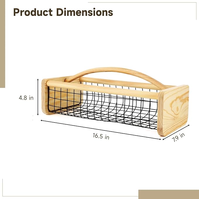 yeesport Metal Wire Garden Hod Harvest Basket with Wood Handle, 16.5 x 7.9 x 4.8 in, Large Capacity Fruit and Vegetable Storage Basket for Kitchen, Pantry, and Garden