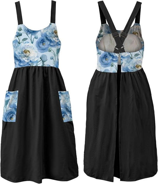 Uaussi Cotton Linen Apron Cross Back Work Apron for Women with Pockets Pinafore Dress X Cross Halter Apron for Chef Gardening
