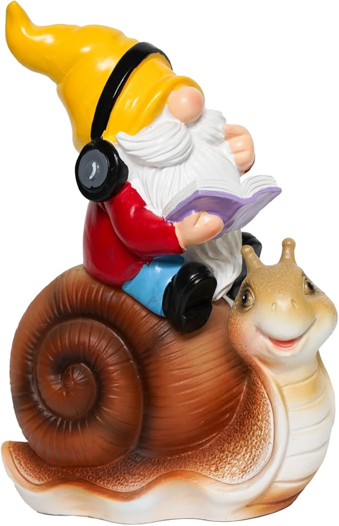 Ferrisland Garden Gnomes Snail Outdoor Figurines with Solar Lights, 10.4 inches Resin Solar Gnomes Decoration Yard Outdoor Garden, Patio Yard Lawn Birthday Housewarming Mother's Day（Gnome on Snail）
