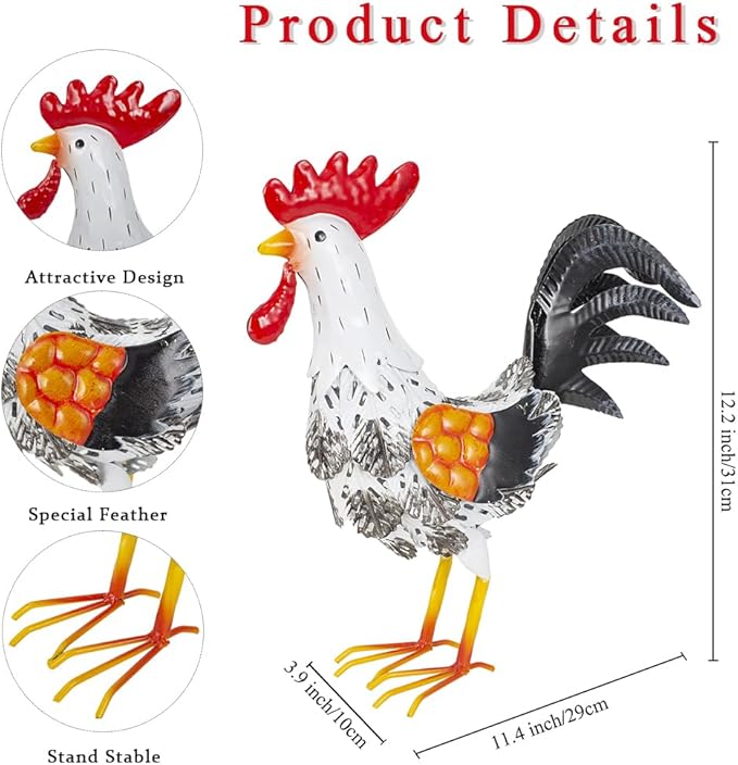 Metal Rooster Garden Statue, 12'' Funny Chicken Outdoor Statue Yard Art Decor, Waterproof Rooster Lawn Ornaments for Garden, Lawn, Farmhouse(White)