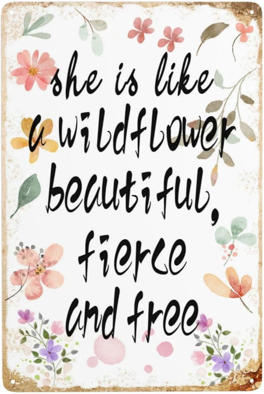 Wildflower Decor Vintage Metal Tin Signs She Is Like A Wildflower Beautiful Fierce And Free Baby Shower Decorations Wall Art 8X12 Inche