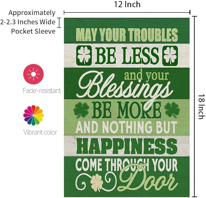 CROWNED BEAUTY St Patricks Day Blessing Garden Flag 12x18 Inch Double Sided for Outside Small Burlap Green Shamrock Holiday Yard Flag