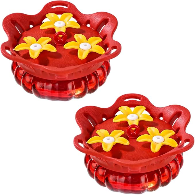 Set of 2 Glass Hummingbird Feeders for Outdoors Hanging with 3 Bee Guard Feeding Ports, 3.4OZ Handheld Humming Birds Feeders for Outside, Gifts for Women Mom, Red