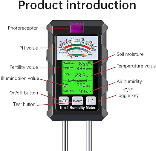 6-in-1 Soil Moisture Meter, Hygrometer for Plants with Soil Moisture, PH Meter, Temperature, Sunlight, Fertility, Environmental for Farming, Gardening (2*AAA Battery Needed)