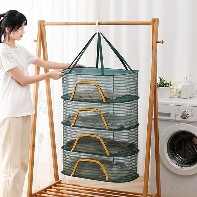 Herb Drying Rack 4 Layer Hanging Design with Green Zippers for Dehydrating, Indoor and Outdoor Pruning Shears Included Plants, Seeds, Buds Outdoor, Hydroponics (Green net Bag)