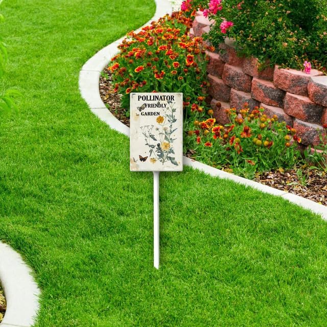 Uptell Aluminium Yard Sign Pollinator Friendly Garden Sign 8x12inch Outdoor Natural Retro Metal Signs Yard Grass Lawn Art And 12.8" Stake Kit