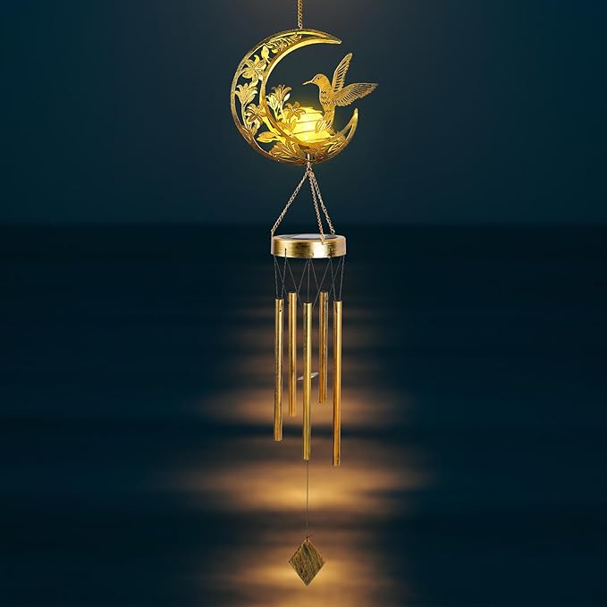 Hummningbird Solar Outdoor Wind Chimes - Unique Moon Hummingbird Design, for Mothers, Grandmothers, Sisters, Friends and Girls on Birthdays, Christmas, Thanksgiving and Mother's Day