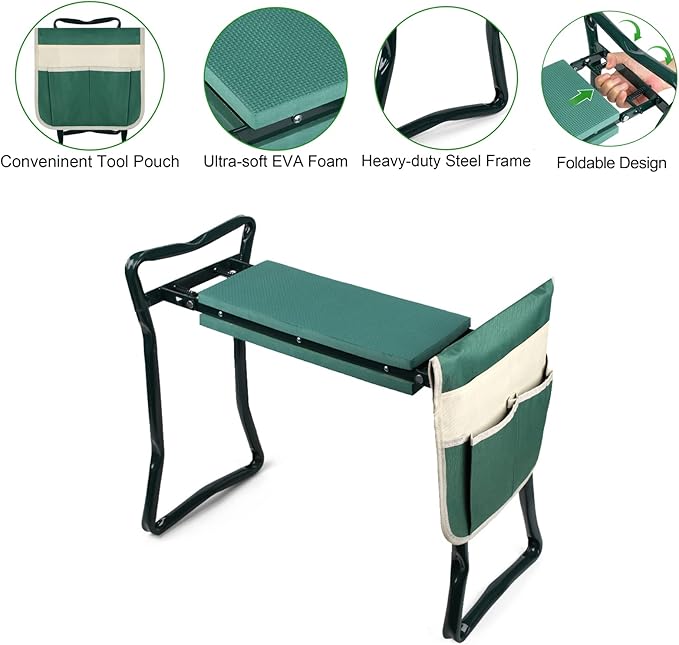 Foldable Garden Kneeler and Seat, Gardening Bench for Kneeling and Sitting Garden Stools, Garden Helper Seat with Tool Pocket, Eva Soft Foam Pad for Kneeling and Seating, Lightweight Frame