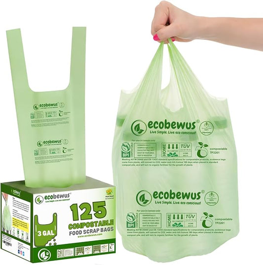 3 Gallon 100% Compostable Bags (125 Bags) Small Disposable Compost Trash Bags Food Scrap Garbage Bags US BPI Certified TUV OK Compost Home Certified Meeting ASTM D6400 (125 ct.)