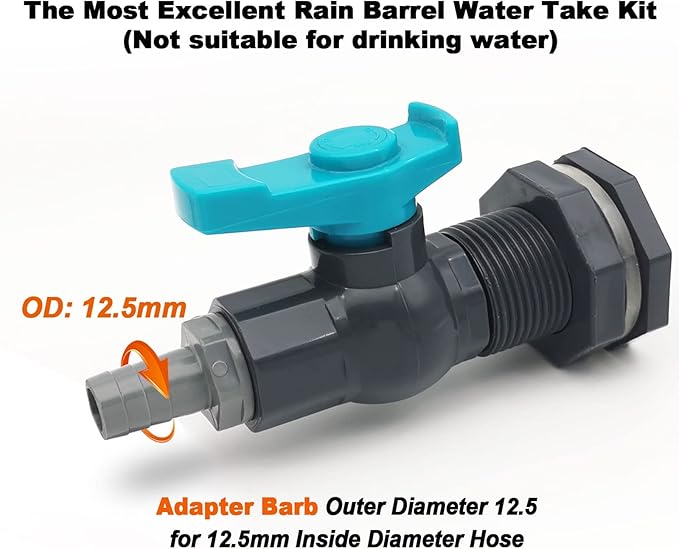 Rain Barrel Spigot PVC Faucet Kit with Bulkhead Fitting, Ball Valve, Garden Hose Barb Adapter, Pipe Clamps, Thread Seal Tape (for 12.5mm ID Hose)