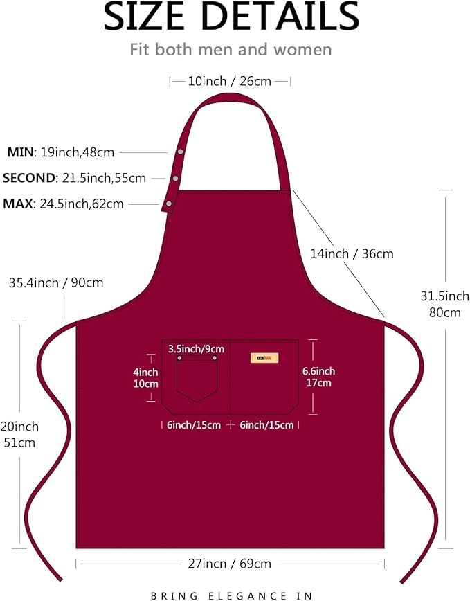 Adjustable Button Apron for Women Men Artist Painting Pottery Garden Cooking Kitchen Chef 3 Pockets Waterproof M-XXL