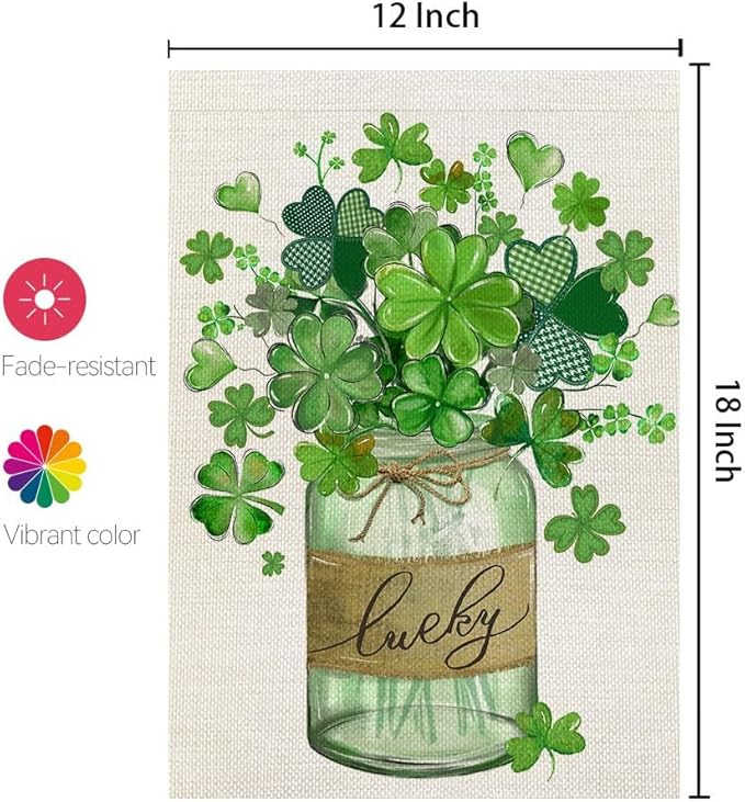 CROWNED BEAUTY St Patricks Day Shamrocks Mason Jar Garden Flag 12x18 Inch Double Sided for Outside Small Green Clovers Lucky Holiday Burlap Yard Decoration
