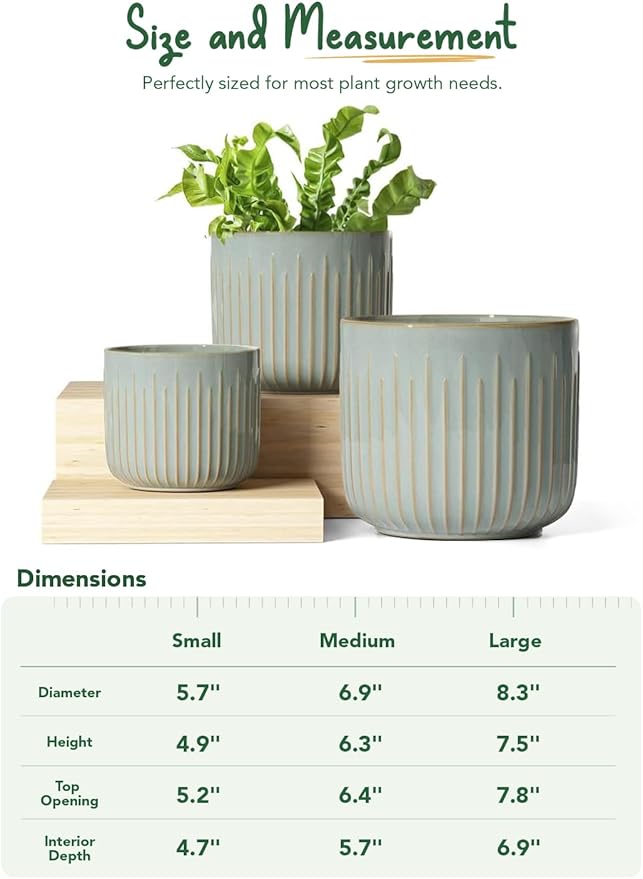 LE TAUCI Fluted Ceramic Pots for Plants, 8.3/7/6 Inch Indoor Planters with Drainage Holes & Mesh, Modern Glossy Glaze Cylinder Plant Pot for Snake Plant, Set of 3, Mist Gray