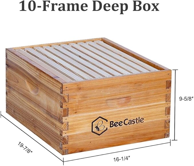 BeeCastle 10-Frames Complete Beehive Kit, 100% Beeswax Coated Bee Hive Includes Beehive Frames and Beeswax Coated Foundation Sheet (2 Layer)
