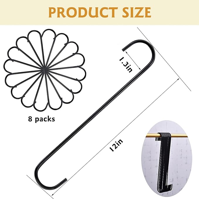 8 Pack S Hooks Heavy Duty 12 Inch Large S Shape Hooks for Hanging Plant Pots and Pans Steel Metal Hanger Hook Black Long S-Hook for Hanging Clothes, Plants, bird feeders, Garden Indoor Outdoor